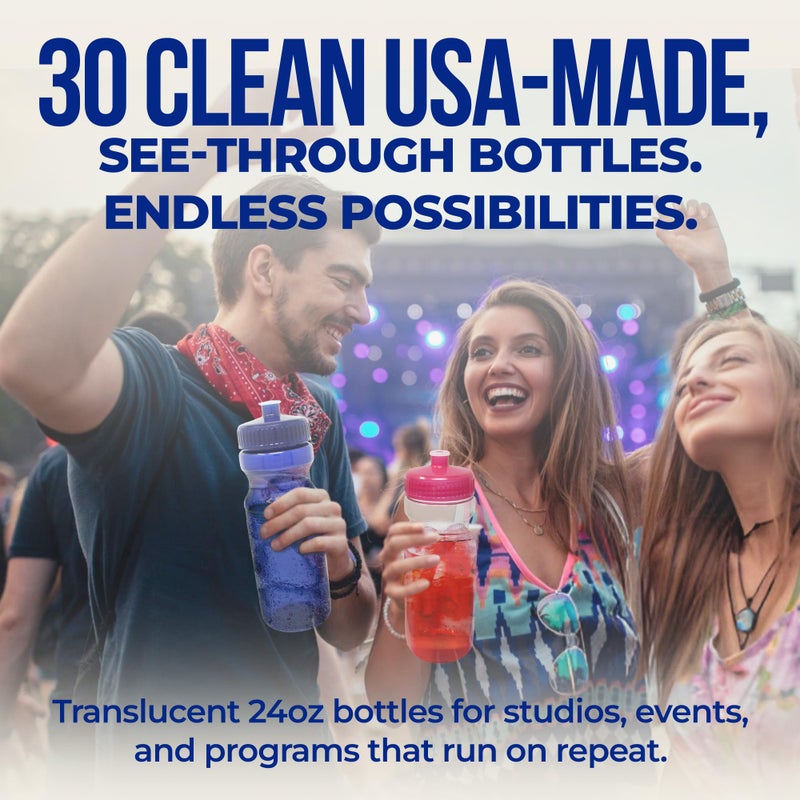 Rolling Sands Reusable Bulk Water Bottles 30 Pack - 24 Oz Sports Water Bottles, USA Made, BPA-Free, Wide Mouth for Easy Cleaning, Break Resistant - Translucent Purple Bottle/Purple Lid - Image 2
